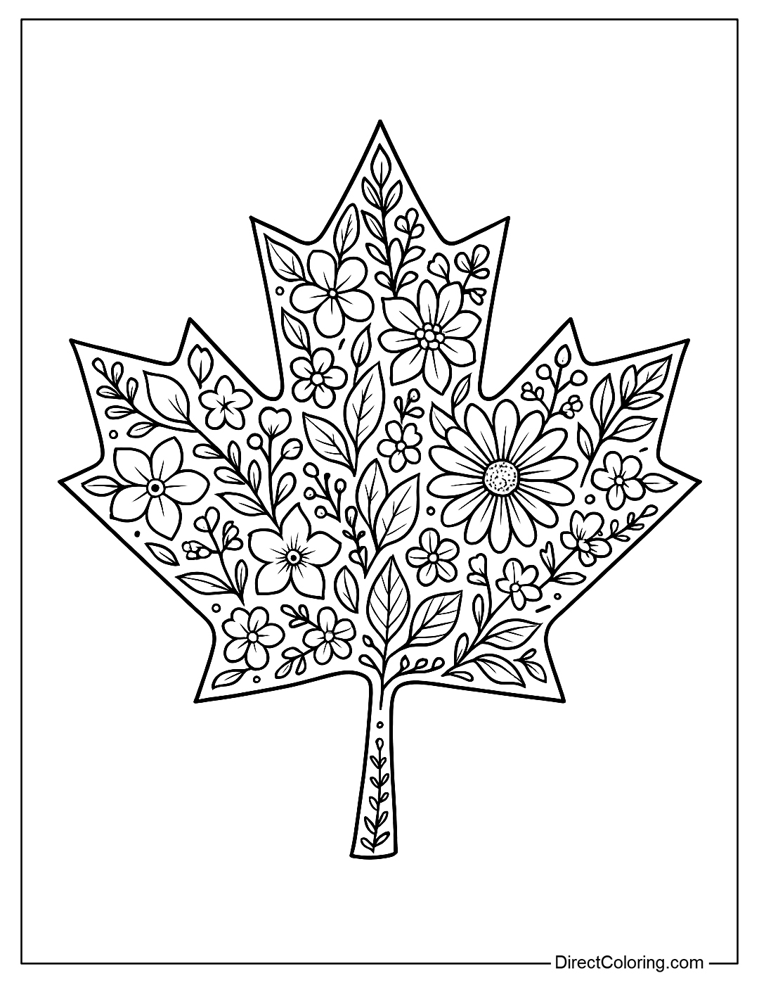 The maple leaf coloring page is made up of many different types of flowers and leaves, delicately interwoven